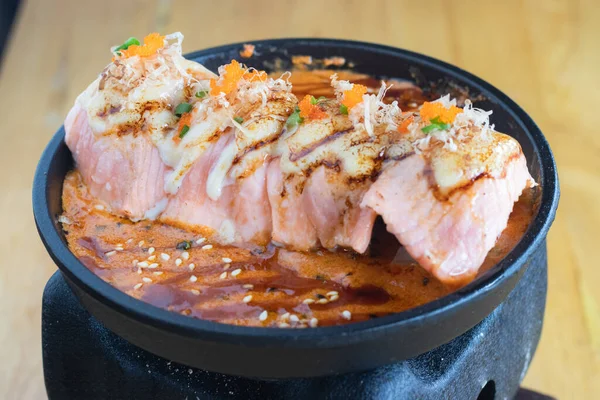 Stock image Grilled Salmon sushi with cream salad and spicy sauce placed on a Japanese grill, sushi is a traditional and popular food for Japanese people.