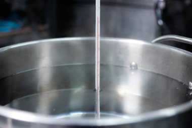 Kaynayan suyun sıcaklığını ölçmek için termometreyi tutan bir el..