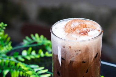 Üzerine kremalı köpük ve kakao tozu katılmış buzlu çikolata içeceği. Tahta bir yüzeyde, buzun üzerinde, yeşil yapraklarla servis edilen şeffaf bir bardakta..