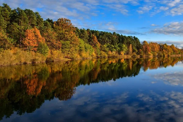 Осенняя Сцена Воды Красочные Деревья Отражаются Прекрасном Пруду — стоковое фото
