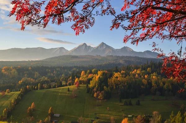 stock image Beautiful rural mountain view. Autumn landscape with colorful trees and hills in the background. Photo taken in Osturnia village, Slovakia.