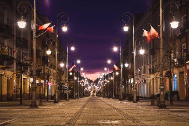 Kielce, Polonya - 12 Kasım 2019: Kielce 'nin Bağımsızlık Günü' nde Henryk Sienkiewicz adlı temsilci caddesi.