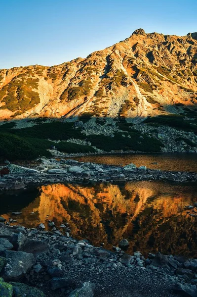 Kaunis Kesävuoristomaisema Järvessä Heijastuvat Vuoren Rinteet Kuva Otettu Viiden Lampaan — kuvapankkivalokuva