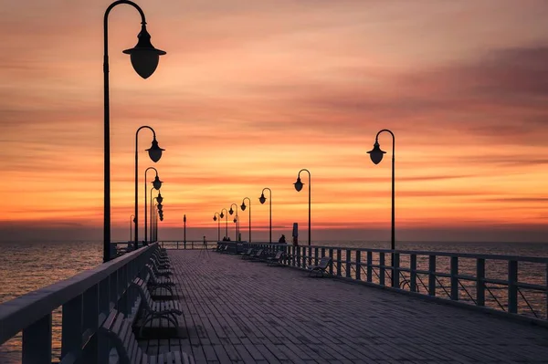 Beautiful Sunrise Polish Sea Popular Pier Baltic Sea Sunrise Photo — Stock Photo, Image