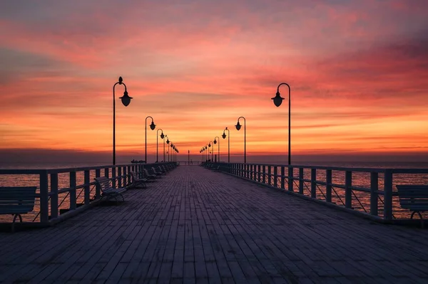 Beautiful Sunrise Polish Sea Popular Pier Baltic Sea Sunrise Photo — Stock Photo, Image