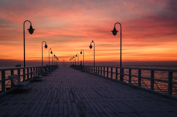 Krásný Východ Slunce Nad Polským Mořem Populární Molo Baltském Moři — Stock fotografie
