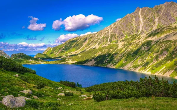 秀丽的蓝湖在秀丽的群山中 风景如画的景色跨越了五池塘谷的湖泊和波兰塔特拉山的山脊 — 图库照片