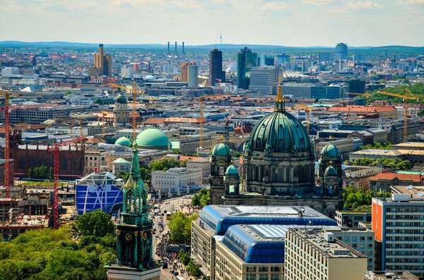 Berlin, Germany - May 3, 2014: Aerial view of Berlin. Panorama of Berlin seen from the roof of the hotel Park Inn by Radisson in Alexanderplatz.