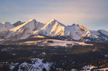 Sabah Polonya Tatra Dağları 'nın büyüleyici manzarası. Polonya 'nın Lapszanka köyünden Belianske Tatras manzarası.