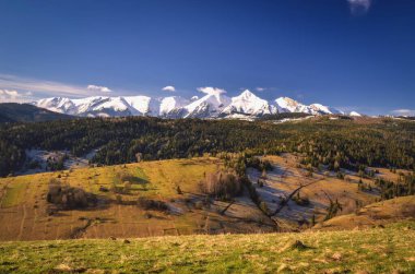 Kırsalda güzel bir ilkbahar manzarası var. Slovakya 'nın Osturna köyünden Belianske Tatras manzarası.