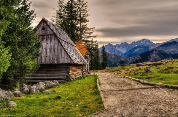 Drewniana Chatka Ścieżka Pięknych Górach Piękny Wiejski Krajobraz Rusinowej Polanie — Zdjęcie stockowe