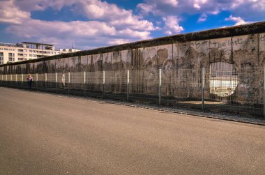 Berlin, Almanya - 30 Nisan 2014: Berlin Duvarı (Berliner Mauer) Almanya 'da. Duvardaki delik, 1961 'de inşa edilen bariyer, Batı Berlin' i Doğu Berlin 'den tamamen ayırdı, 1989' da yıkıldı..