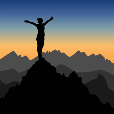 Woman with her arms raised on top of a mountain. Vector illustration of success, victory and joy. clipart