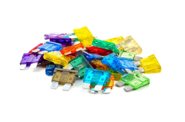 stock image Color car fuse. Pile of colorful electrical automotive fuses or circuit breakers isolated on white background.