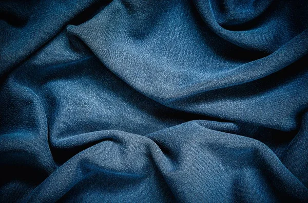 Navy Blue Wrinkled Fabric Texture Close Soft Cotton Cloth May — Stock Photo, Image