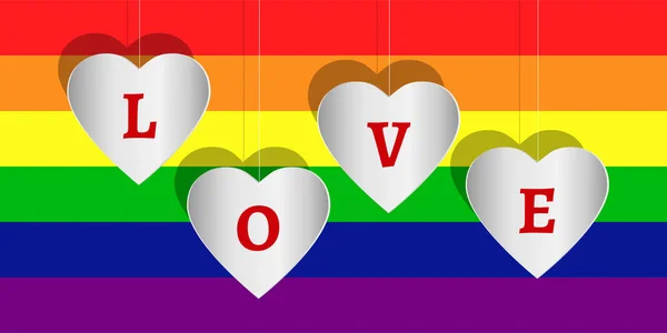 異なる人々のための愛 誇りと受け入れの概念 ぶら下がり白い心愛テキスト上の虹の背景にベクトルイラスト — ストックベクタ