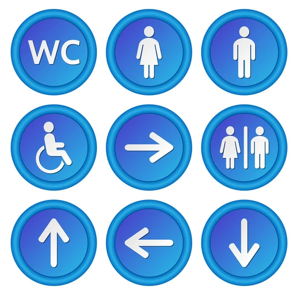Les Panneaux Ronds Bleus Fixés Aux Toilettes Divers Symboles Avec — Image vectorielle