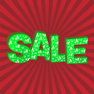 The concept of seasonal sales in the store. 3D green text sale with customers with trolleys on red background with rays. clipart