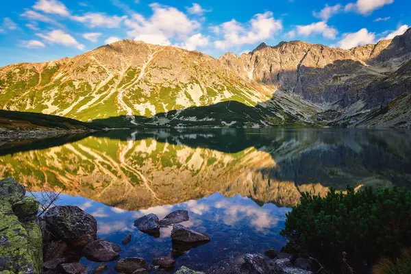 Piękny Letni Krajobraz Górski Nad Jeziorem Widok Góry Odbijające Się — Zdjęcie stockowe