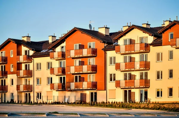 stock image Tychy, Poland - April 29, 2016: New housing estates in Tychy City, Poland. Public view of newly built block of flats in the green area.