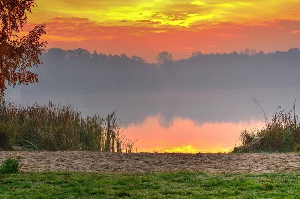 Colorful Morning Landscape Sunrise Paprocany Lake Tychy Poland — Stock Photo, Image