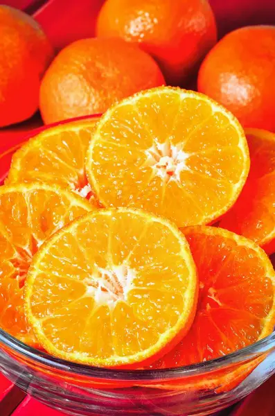 Concept Aux Fruits Frais Orange Tangerines Dans Bol Verre — Photo