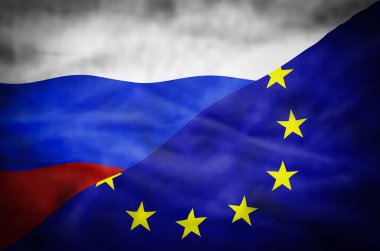 Rusya ve Avrupa Birliği karışık bayrak. Dalgalı bayrak Rusya ve Avrupa Birliği çerçeve doldurur.