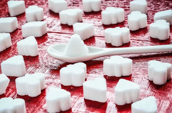 Conceito Com Açúcar Branco Não Saudável Cubos Açúcar Cristais Uma — Fotografia de Stock