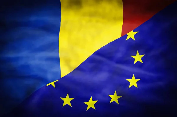 Ρουμανία Και Ευρωπαϊκή Ένωση Μικτή Σημαία Κυματιστή Σημαία Της Ρουμανίας — Φωτογραφία Αρχείου