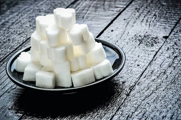 Conceito Com Açúcar Branco Não Saudável Cubo Açúcar Uma Mesa — Fotografia de Stock