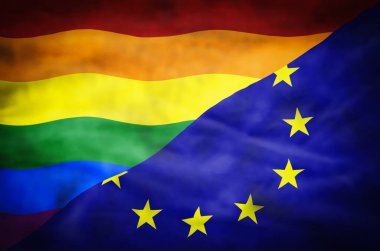 Gökkuşağı Lgbt bayrağı ve Avrupa Birliği karışık bayrak. Dalgalı bayrağı gökkuşağı ve Avrupa Birliği çerçeve doldurur.