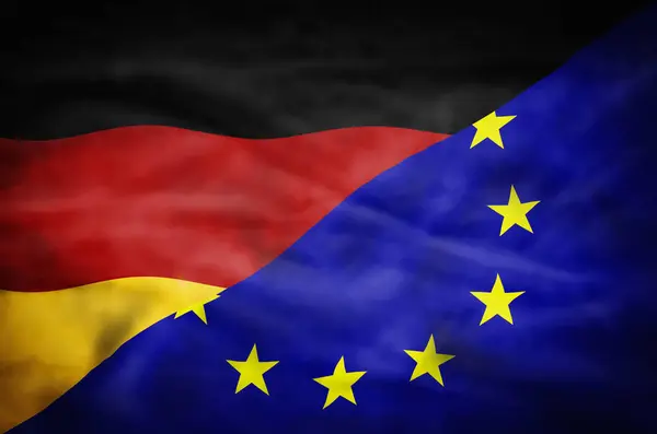 stock image Germany and European Union mixed flag. Wavy flag of Germany and European Union fills the frame.