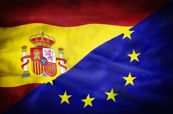 Μικτή Σημαία Ισπανίας Και Της Ευρωπαϊκής Ένωσης Κυματιστή Σημαία Της — Φωτογραφία Αρχείου