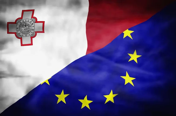 stock image Malta and European Union mixed flag. Wavy flag of Malta and European Union fills the frame.