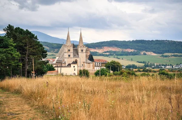 stock image Spisska Kapitula, Slovakia - August 18, 2015: St. Martin's Cathedral with rural landscape in the background in Spisska Kapitula, Slovakia.