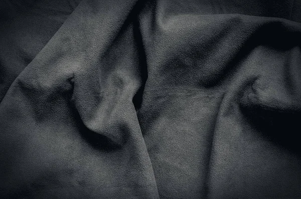 Siyah Kumaş Doku Buruşuk Yakın Çekim Yumuşak Pamuklu Kumaş Arka — Stok fotoğraf