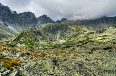 Slovak dağlarında dağ bulutlu manzara. Yüksek Tatra, Slovakya 'da bulutlardaki güzel vadi ve dağ zirveleri.