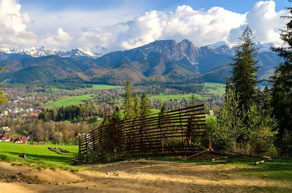 stock image Beautiful spring mountain and rural landscape. View on the Tatra Mountains and Zakopane Town and Koscielisko Village in Poland.