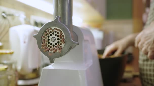 Домогосподарка Робить Фарш Латки Електричною Ясорубкою Кухні — стокове відео