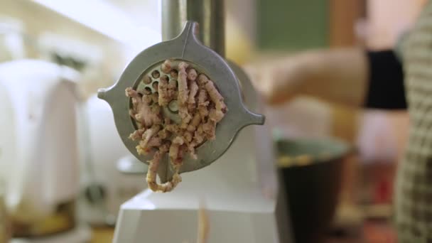 Hausfrau Macht Hackfleisch Für Patte Mit Einem Elektrischen Fleischwolf Der — Stockvideo
