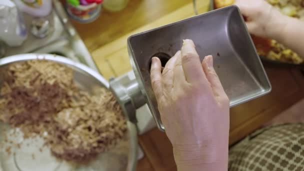 Hanımı Mutfakta Elektrikli Öğütücüsüyle Patates Için Kıyma Yapıyor — Stok video