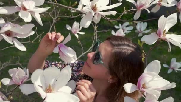 Szczęśliwa Kobieta Okularach Cieszących Się Przyrodą Dotykając Kwitnących Kwiatów Magnolii — Wideo stockowe
