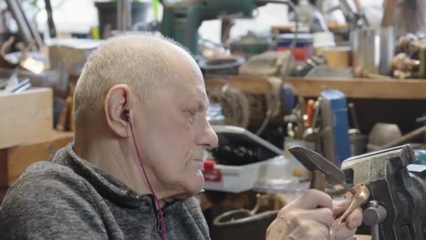 Senior Elderly Master Jeweler Wheelchair Works Workshop Vice — Vídeos de Stock