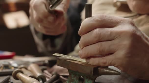 Senior Elderly Master Jeweler Wheelchair Works Workshop Anvil — Vídeo de Stock