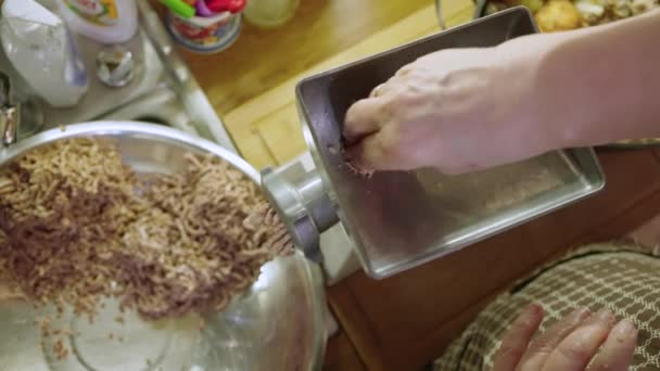 Ama Casa Haciendo Carne Picada Para Patte Con Una Picadora — Vídeo de stock