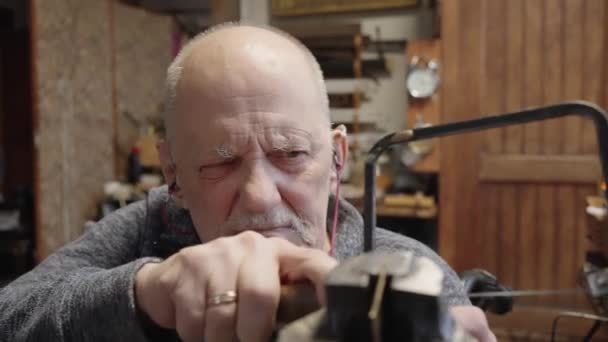 Senior Elderly Master Jeweler Wheelchair Works Workshop Vice — Stock Video