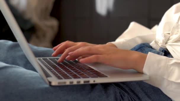 Oturma Odasında Bir Sandalyede Otururken Dizüstü Bilgisayar Kullanan Genç Bir — Stok video