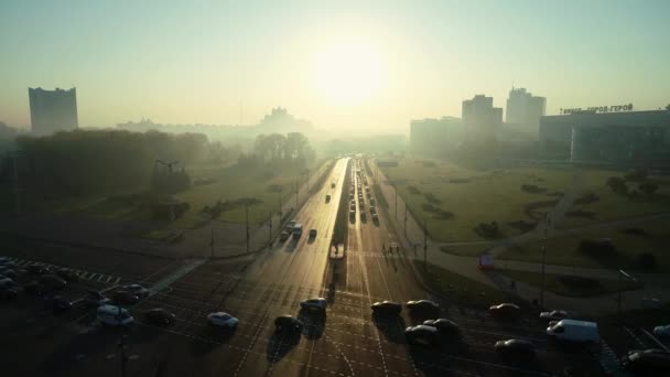 Letecký Pohled Minsk Centru Avenue Cityscape Brzy Ráno Slunný Den — Stock video