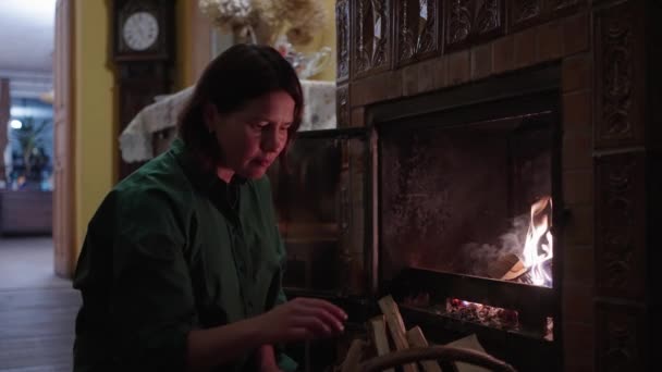 Una Mujer Que Pone Leña Una Chimenea Casa Mantiene Fuego — Vídeos de Stock