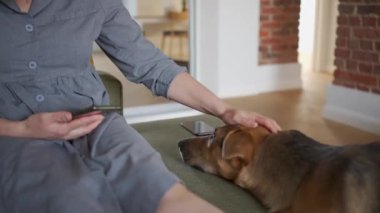 Akıllı telefon kullanan ve evcil bir köpekle birlikte oturma odasında müzik dinleyen genç bir kadın.